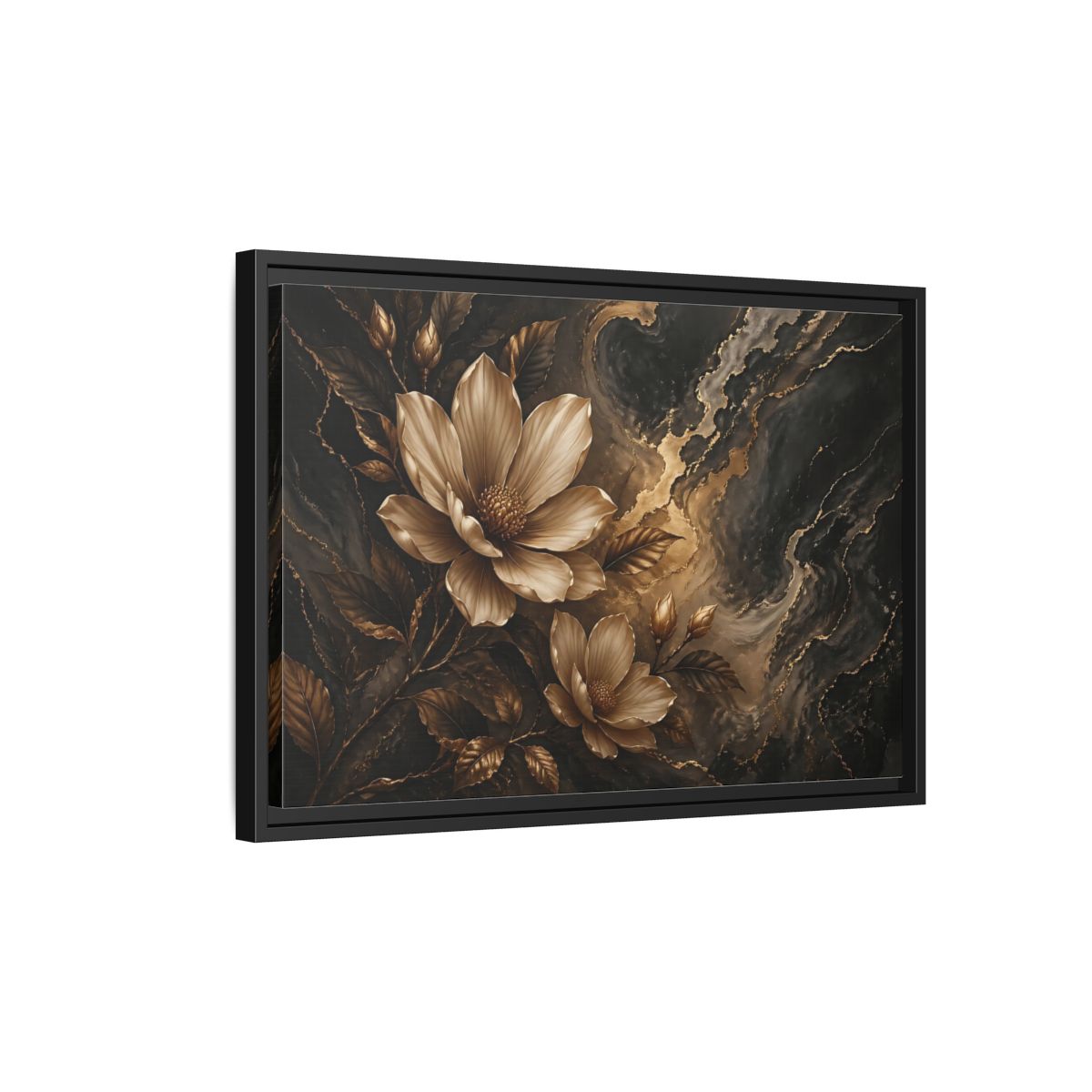 Side Mockup 3. Floral Magnolia Flowers Gold And Black Floral shown as stretched canvas wall art