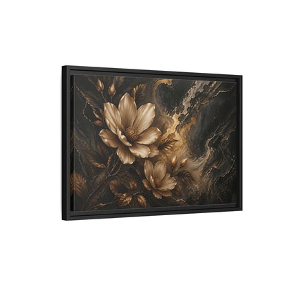 Side Mockup 3. Floral Magnolia Flowers Gold And Black Floral shown as stretched canvas wall art