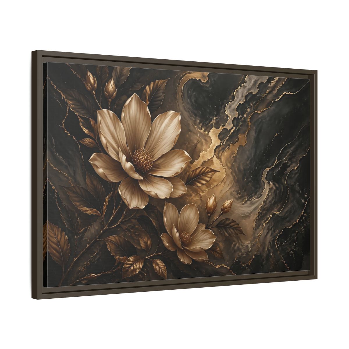 Side Mockup 11. Floral Magnolia Flowers Gold And Black Floral shown as stretched canvas wall art