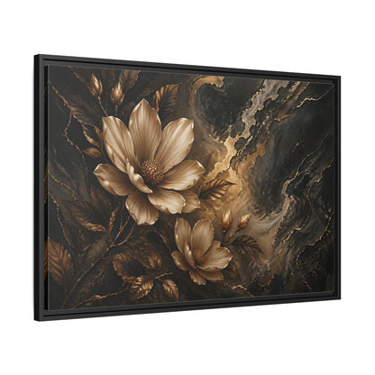 Side Mockup 13. Floral Magnolia Flowers Gold And Black Floral shown as stretched canvas wall art