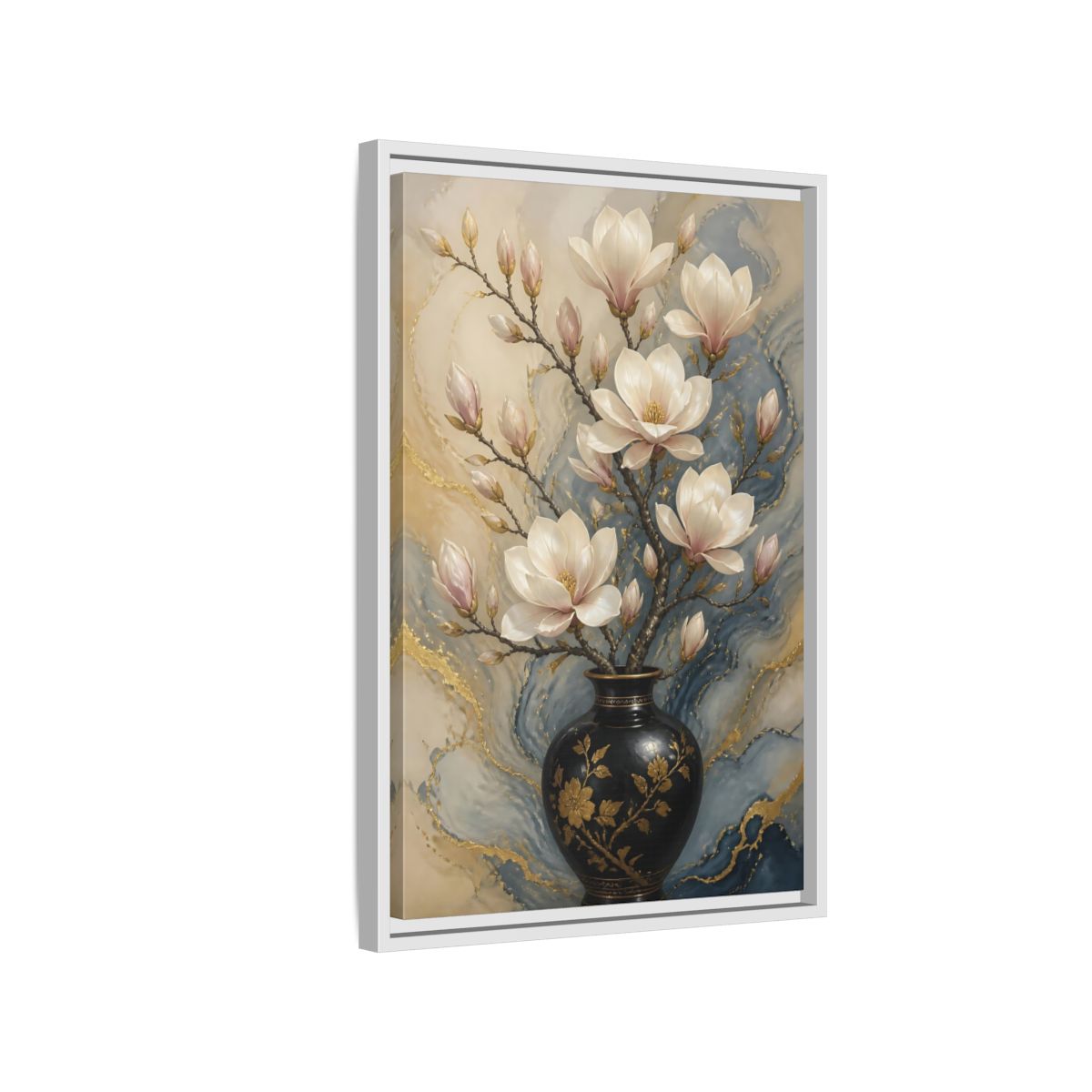 Side Mockup 1. Floral Magnolia Flowers Magnolia Gold Blue shown as stretched canvas wall art