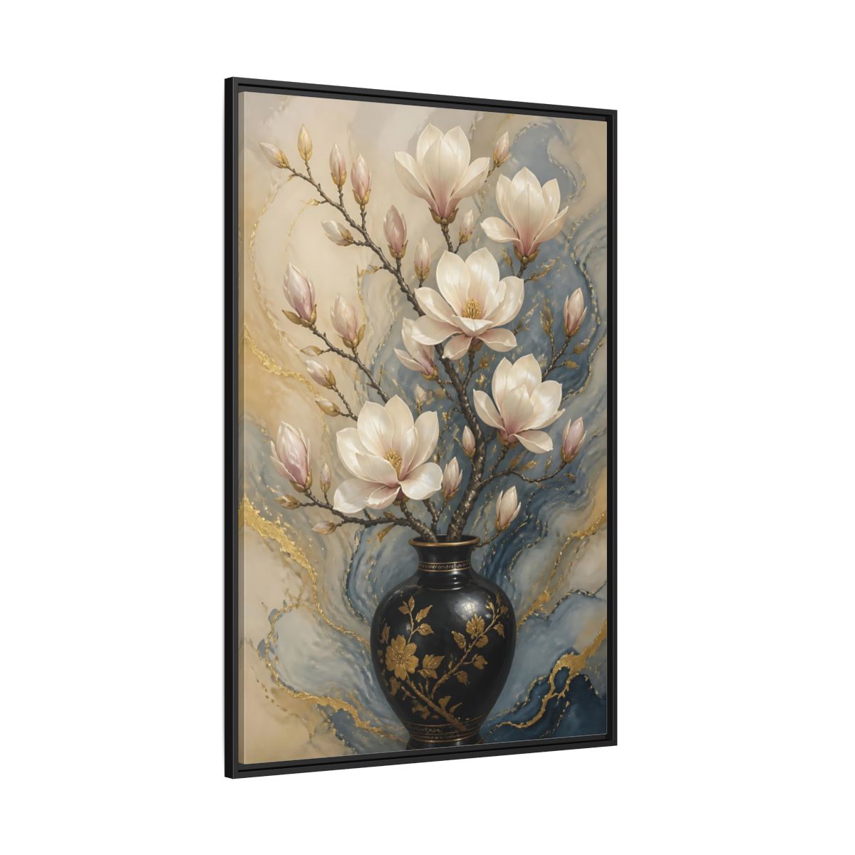 Side Mockup 12. Floral Magnolia Flowers Magnolia Gold Blue shown as stretched canvas wall art