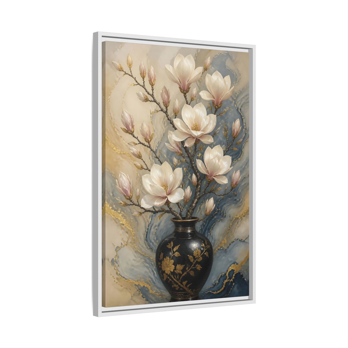 Side Mockup 10. Floral Magnolia Flowers Magnolia Gold Blue shown as stretched canvas wall art