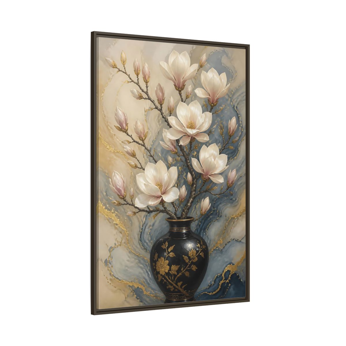 Side Mockup 8. Floral Magnolia Flowers Magnolia Gold Blue shown as stretched canvas wall art