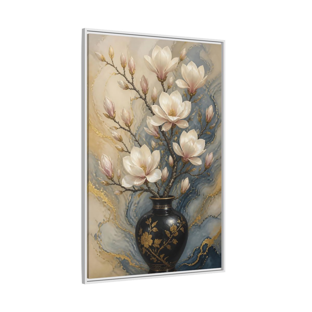 Side Mockup 7. Floral Magnolia Flowers Magnolia Gold Blue shown as stretched canvas wall art