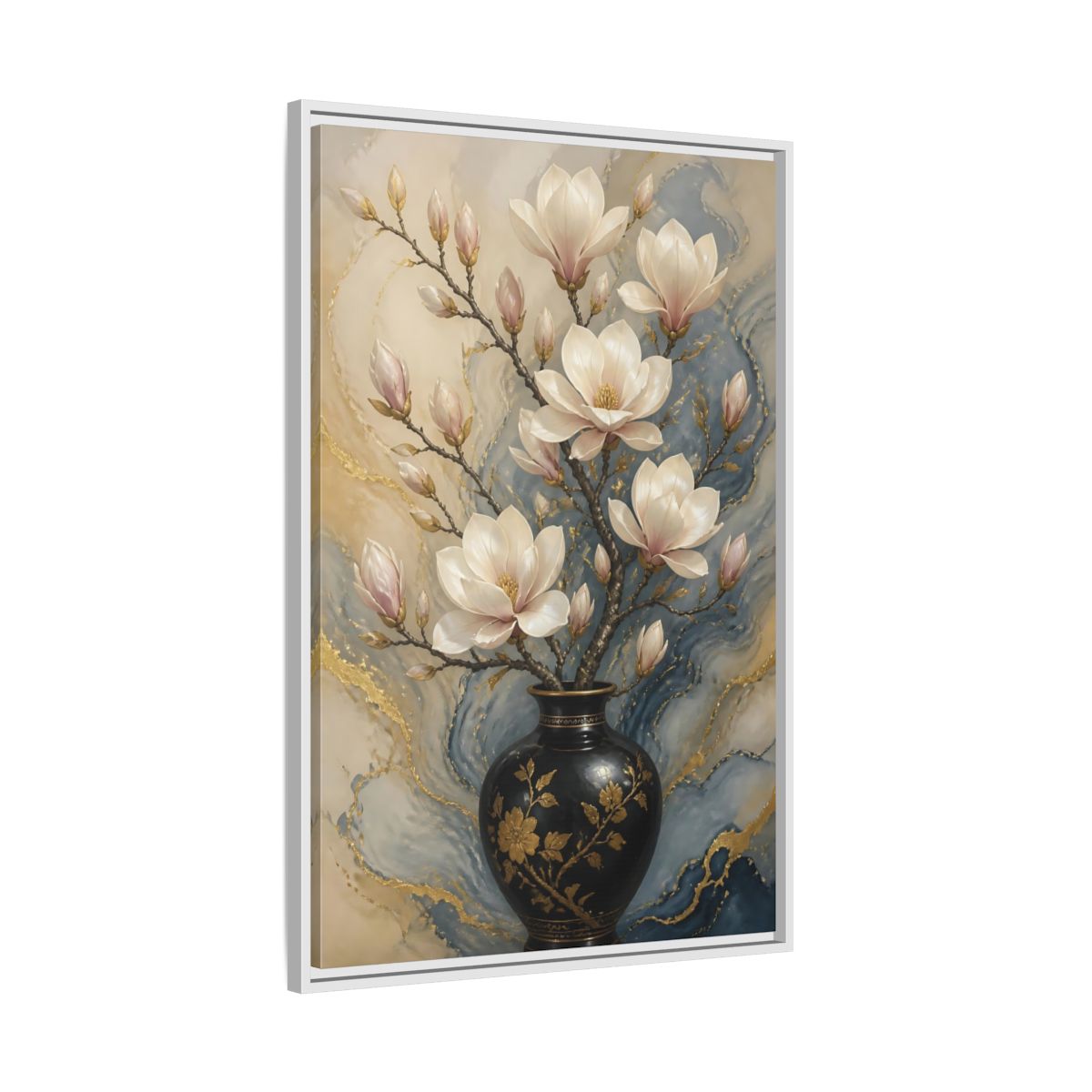Side Mockup 9. Floral Magnolia Flowers Magnolia Gold Blue shown as stretched canvas wall art