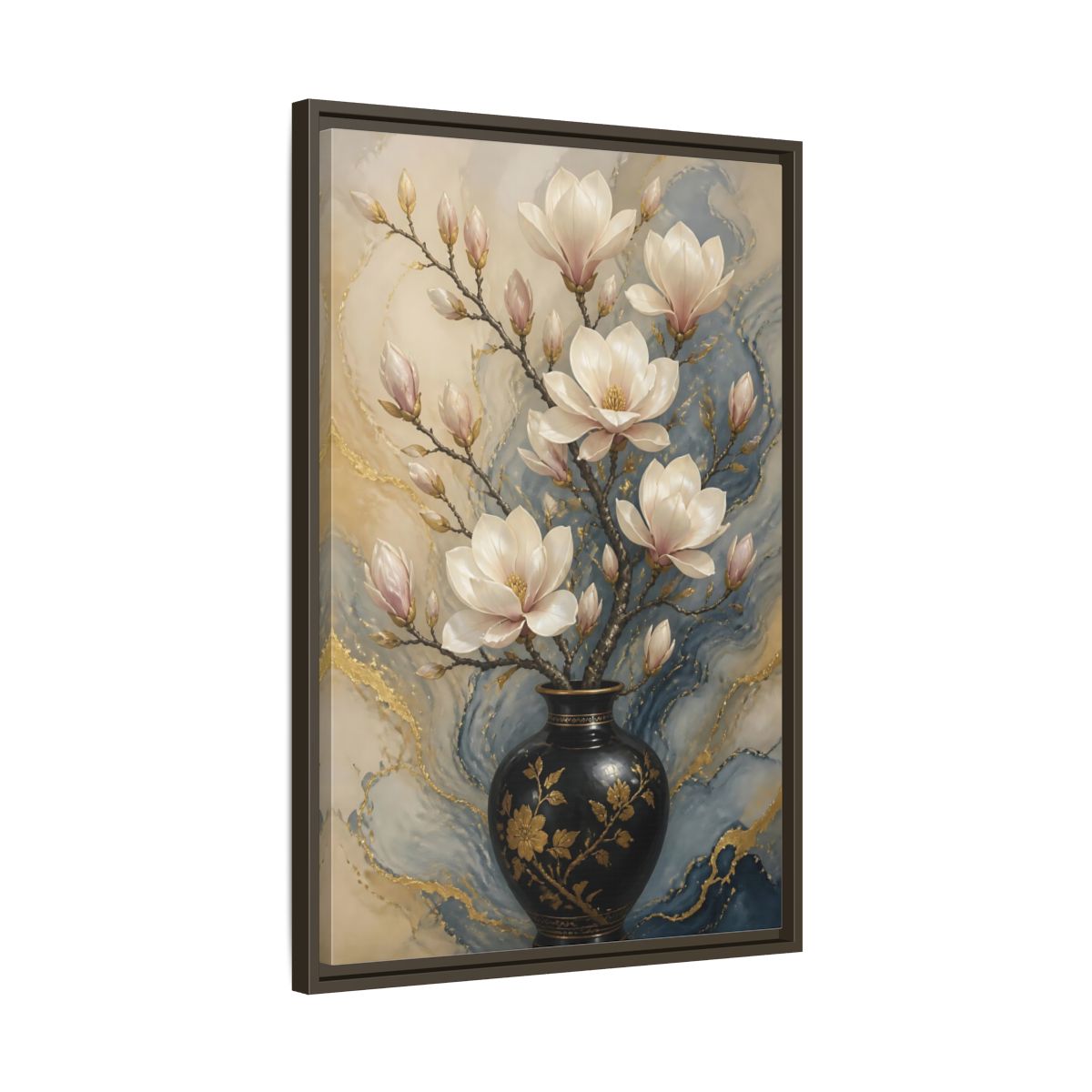 Side Mockup 11. Floral Magnolia Flowers Magnolia Gold Blue shown as stretched canvas wall art
