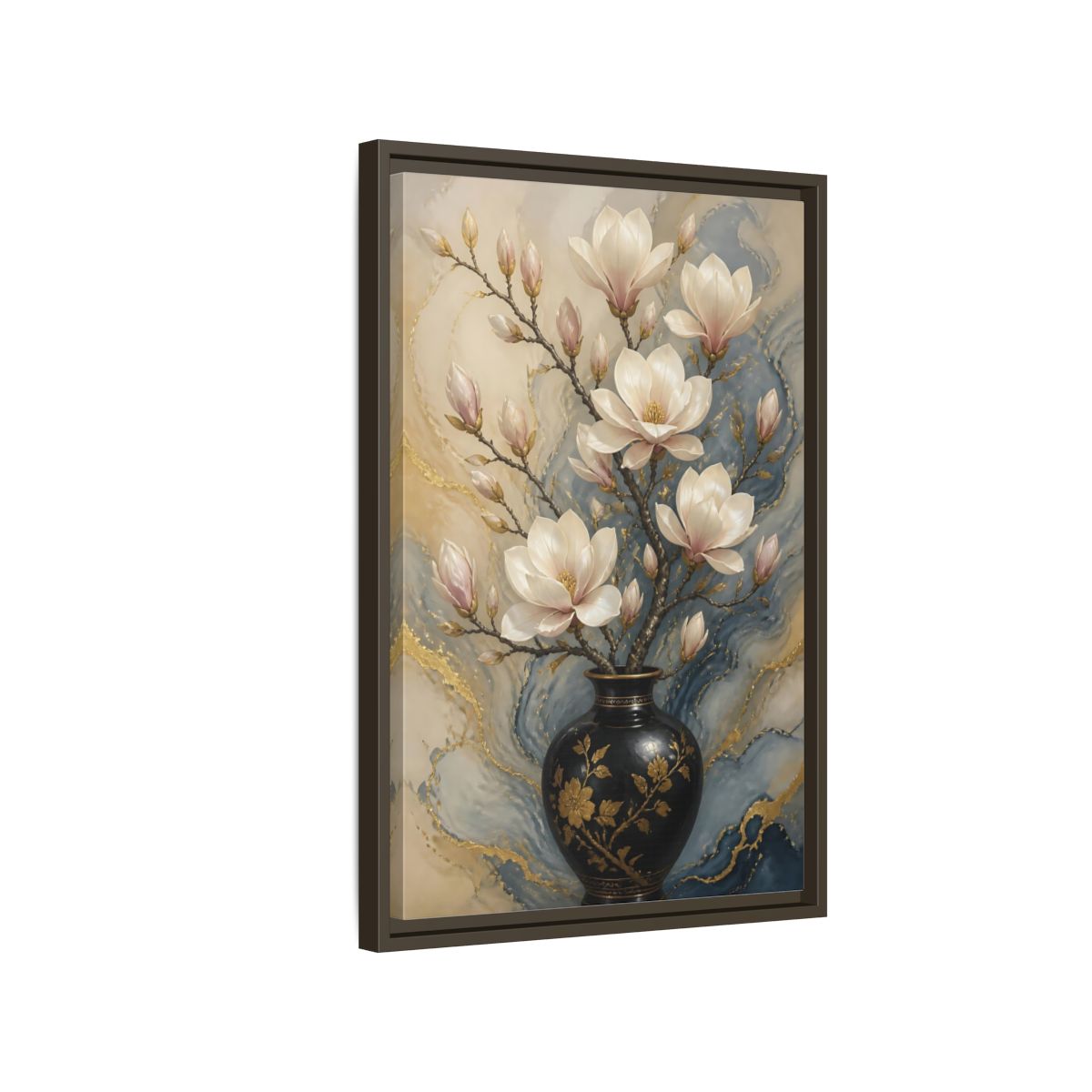 Side Mockup 2. Floral Magnolia Flowers Magnolia Gold Blue shown as stretched canvas wall art