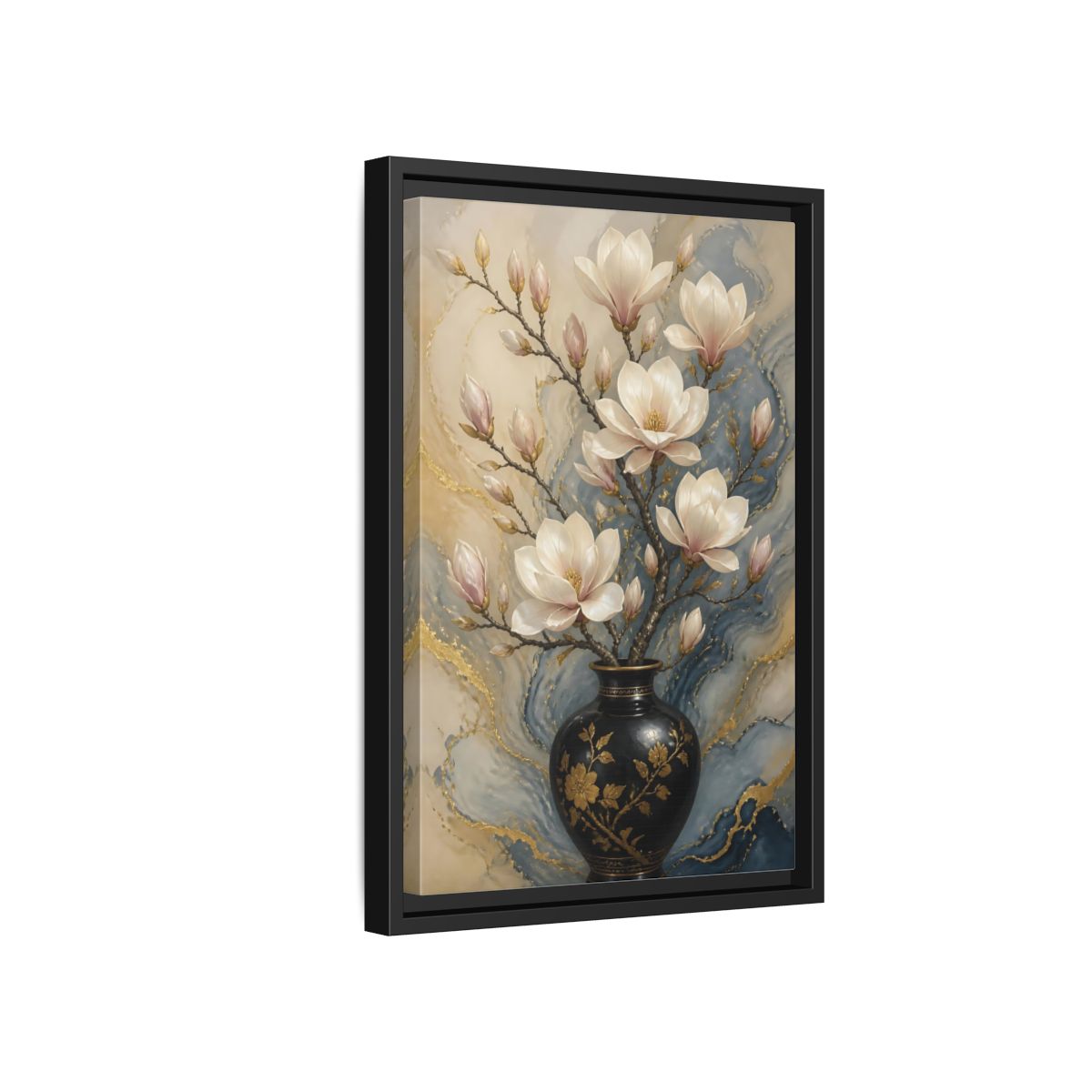 Side Mockup 6. Floral Magnolia Flowers Magnolia Gold Blue shown as stretched canvas wall art