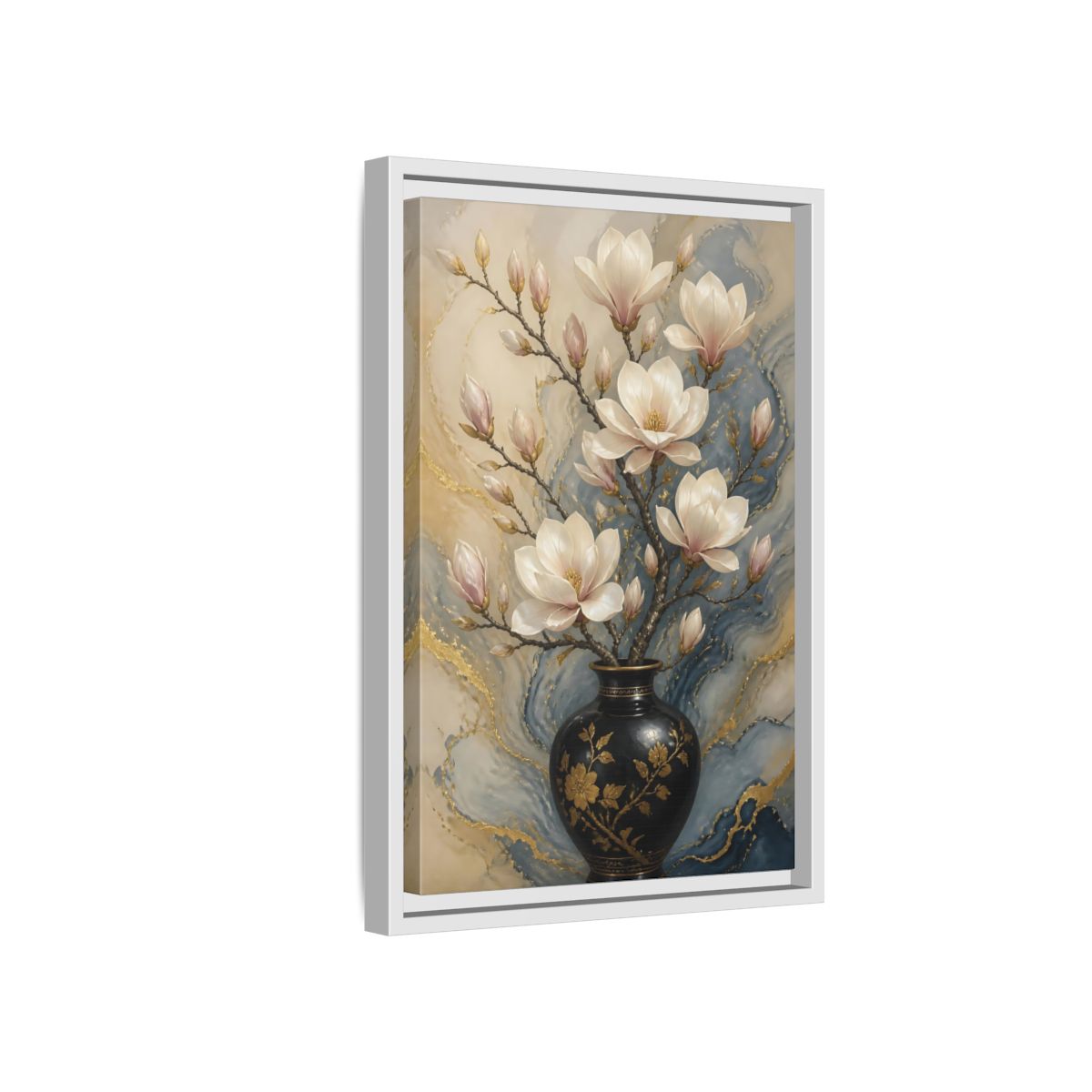 Side Mockup 4. Floral Magnolia Flowers Magnolia Gold Blue shown as stretched canvas wall art