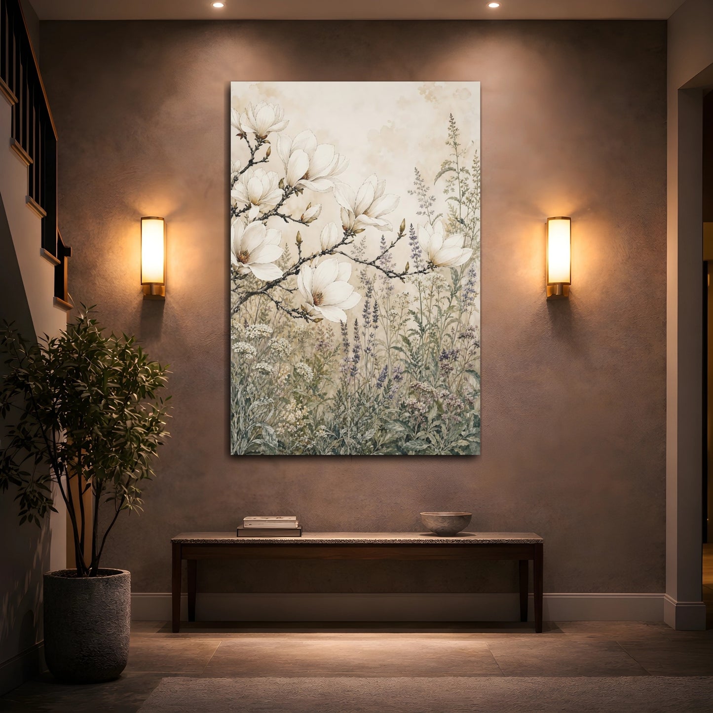 Mockup 2. Floral Magnolia Flowers Magnolia Floral shown as stretched canvas wall art