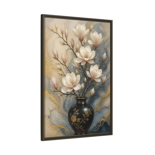 Main Mockup. Floral Magnolia Flowers Magnolia Gold Blue shown as stretched canvas wall art