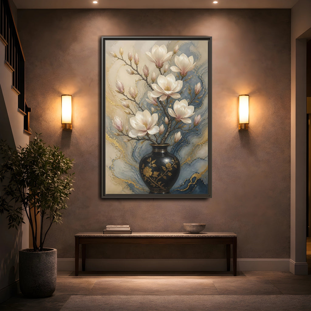 Mockup 2. Floral Magnolia Flowers Magnolia Gold Blue shown as stretched canvas wall art