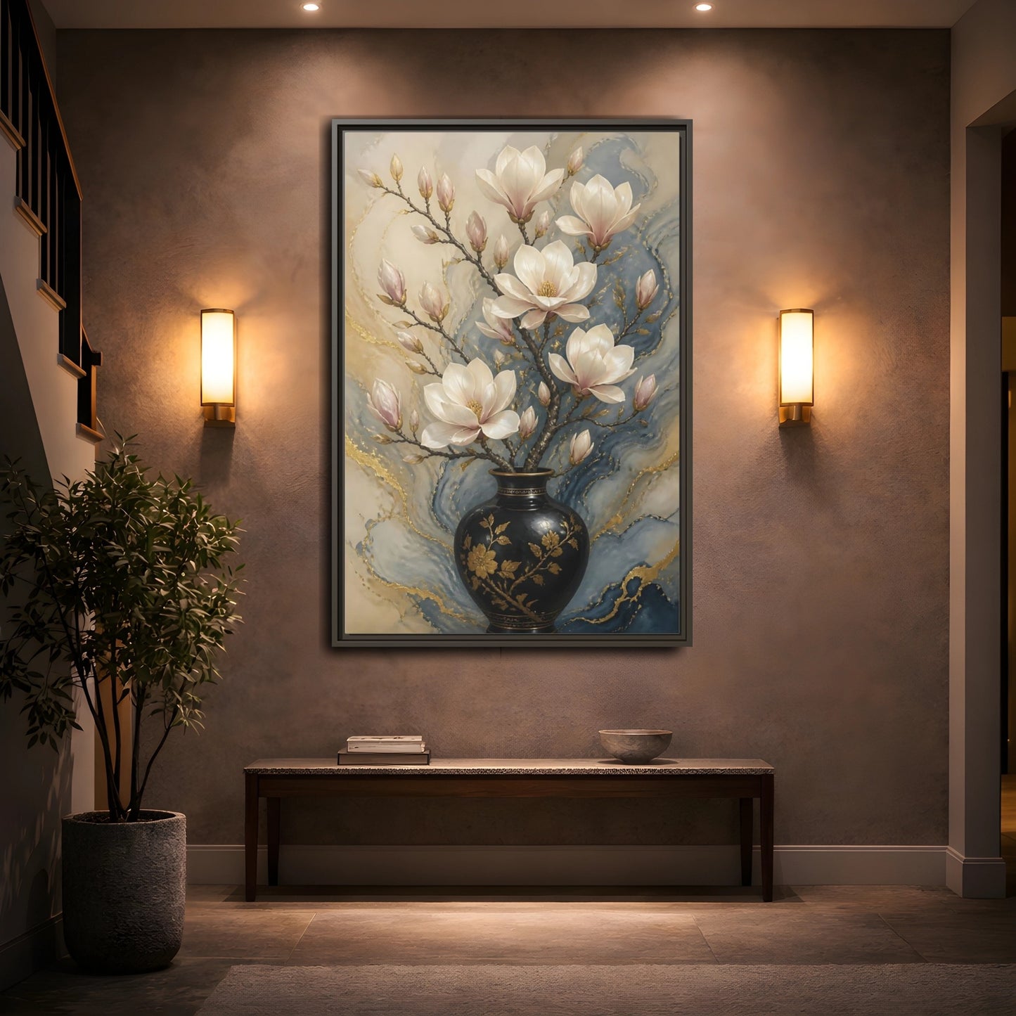 Mockup 2. Floral Magnolia Flowers Magnolia Gold Blue shown as stretched canvas wall art