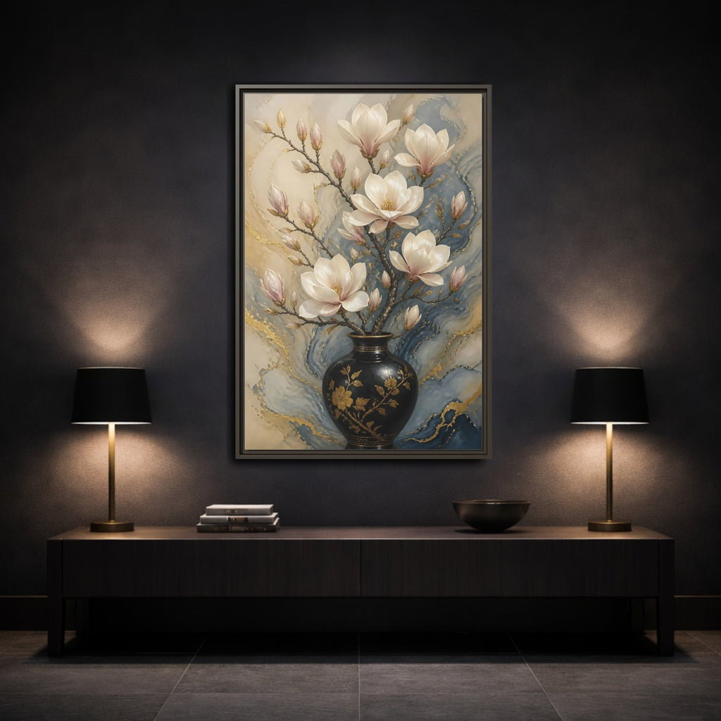 Mockup 3. Floral Magnolia Flowers Magnolia Gold Blue shown as stretched canvas wall art