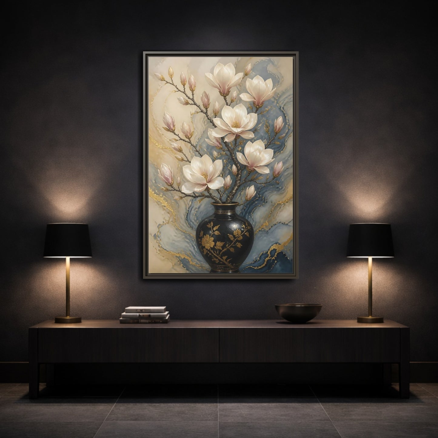 Mockup 3. Floral Magnolia Flowers Magnolia Gold Blue shown as stretched canvas wall art