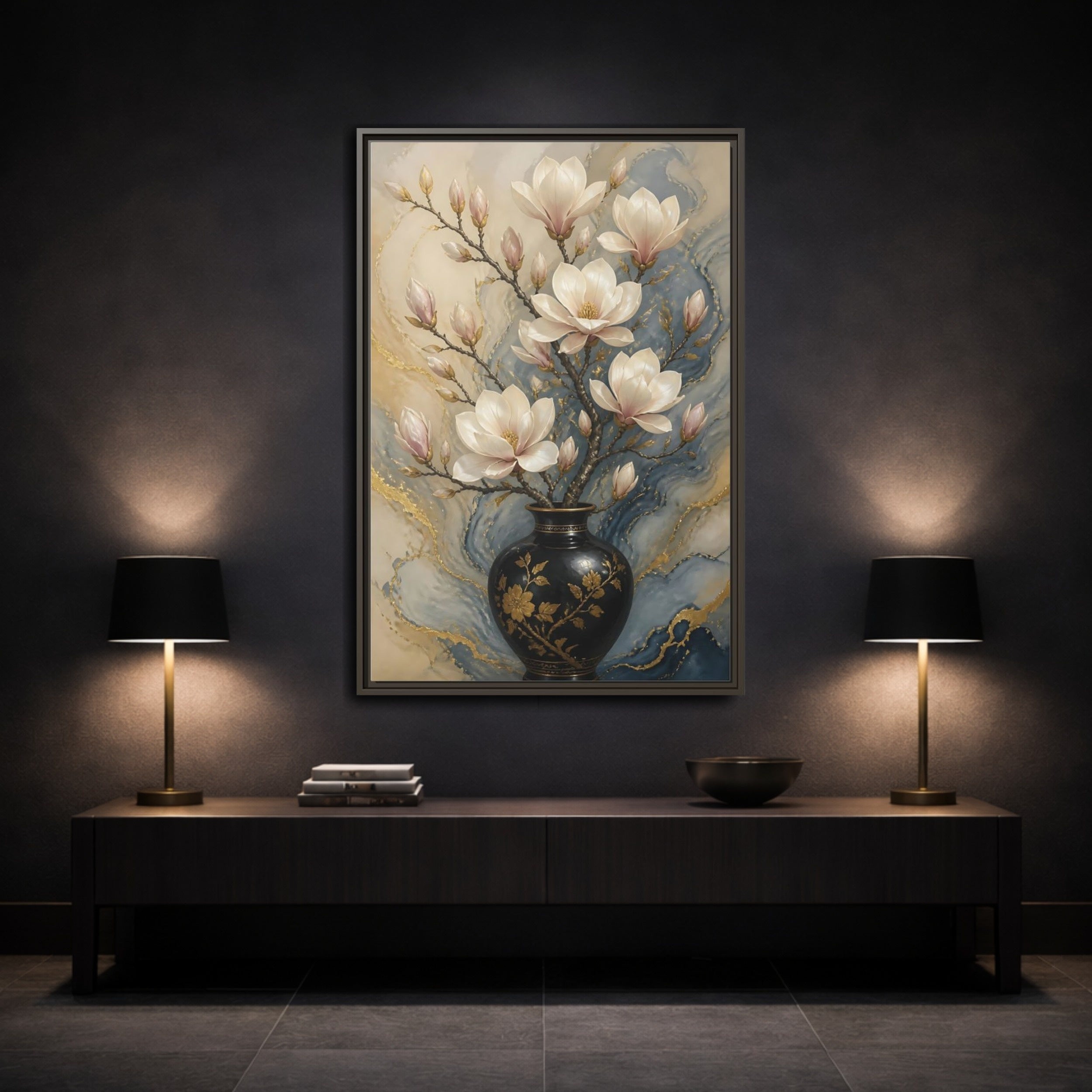 Mockup 3. Floral Magnolia Flowers Magnolia Gold Blue shown as stretched canvas wall art