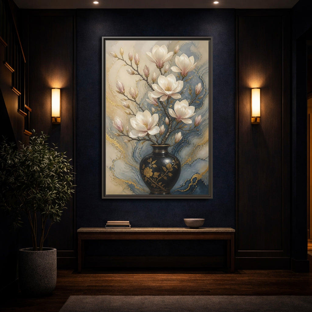 Mockup 4. Floral Magnolia Flowers Magnolia Gold Blue shown as stretched canvas wall art
