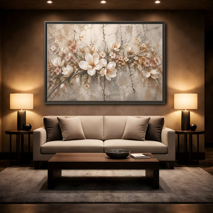 Mockup 2. Floral Magnolia Flowers Muted Floral shown as stretched canvas wall art