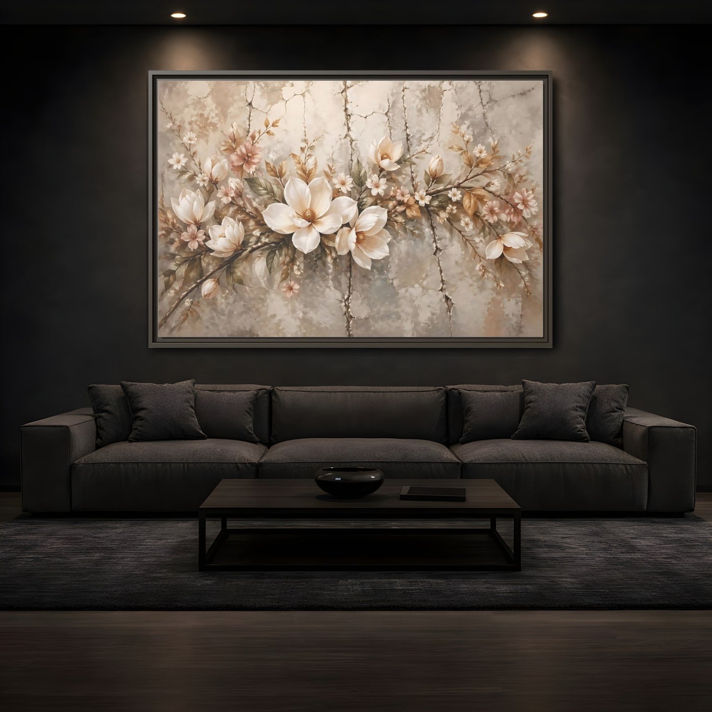 Mockup 3. Floral Magnolia Flowers Muted Floral shown as stretched canvas wall art