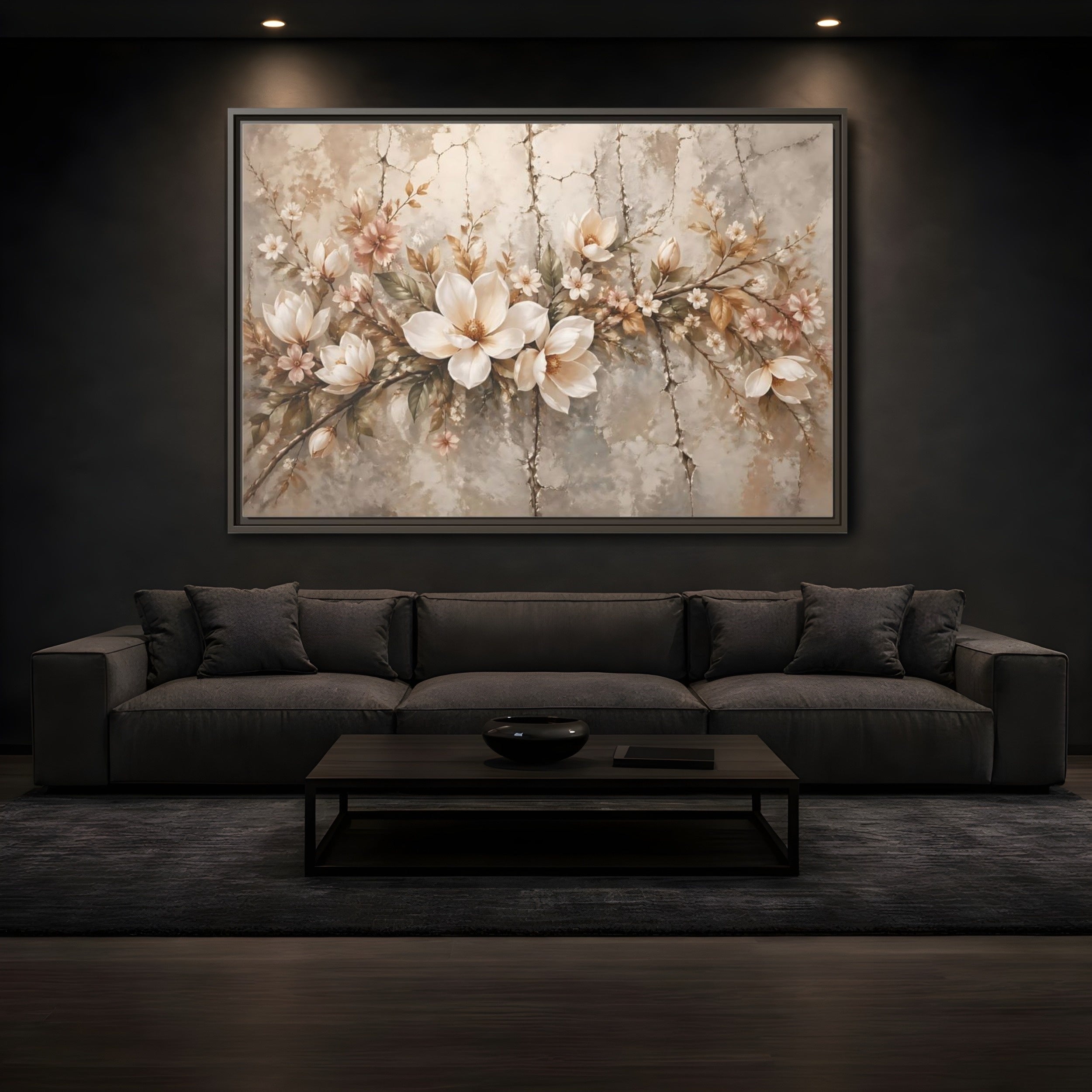 Mockup 3. Floral Magnolia Flowers Muted Floral shown as stretched canvas wall art