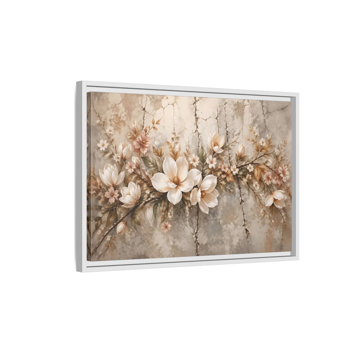 Side Mockup 1. Floral Magnolia Flowers Muted Floral shown as stretched canvas wall art