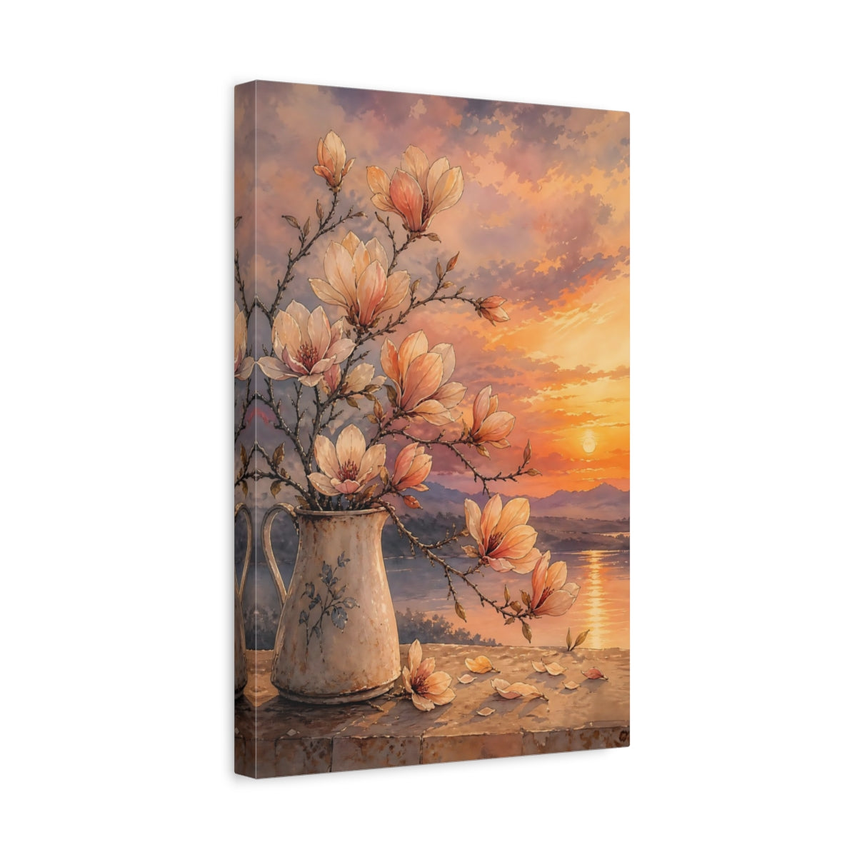 Side Mockup 4. Floral Magnolia Flowers Orange Pink Magnolia shown as stretched canvas wall art