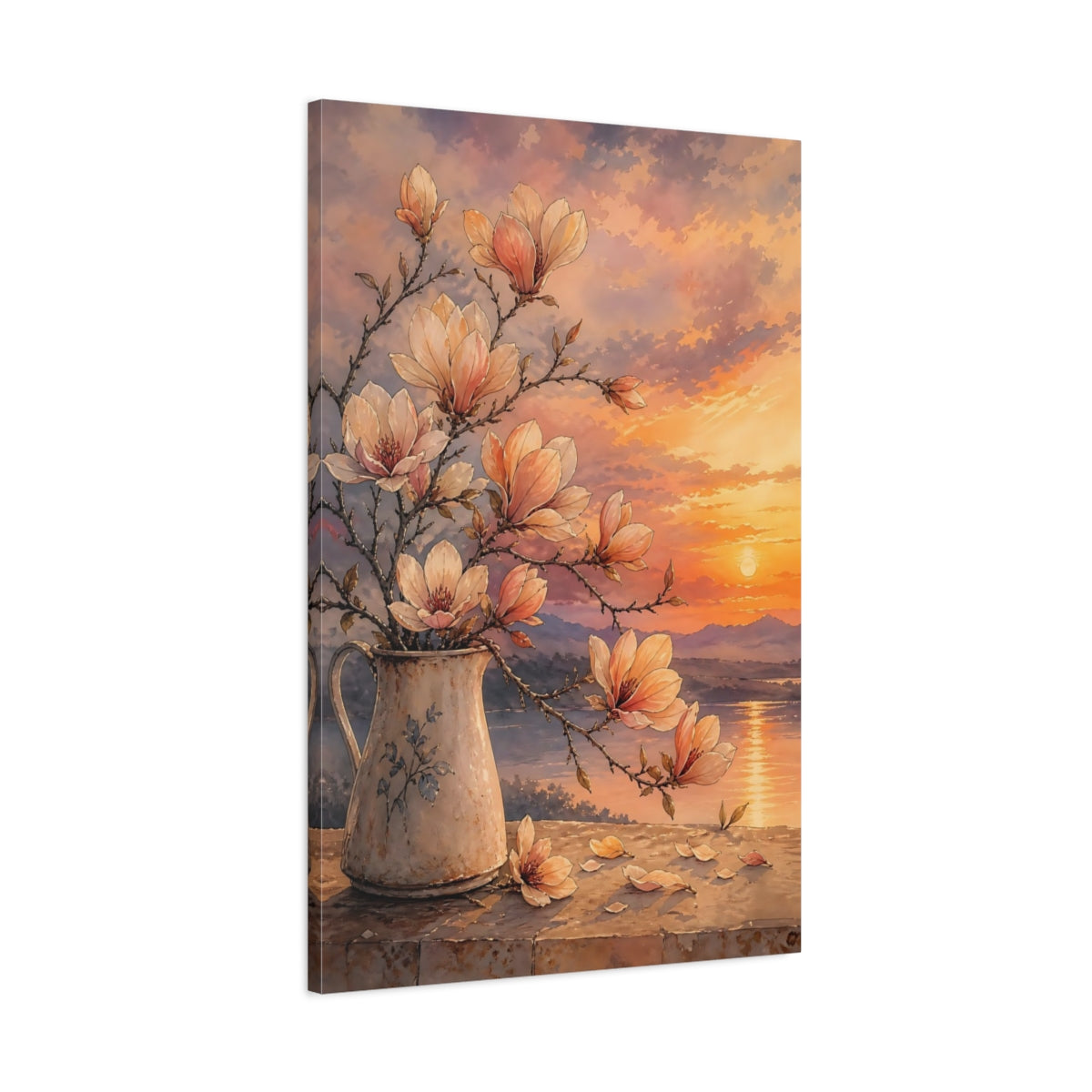 Main Mockup. Floral Magnolia Flowers Orange Pink Magnolia shown as stretched canvas wall art