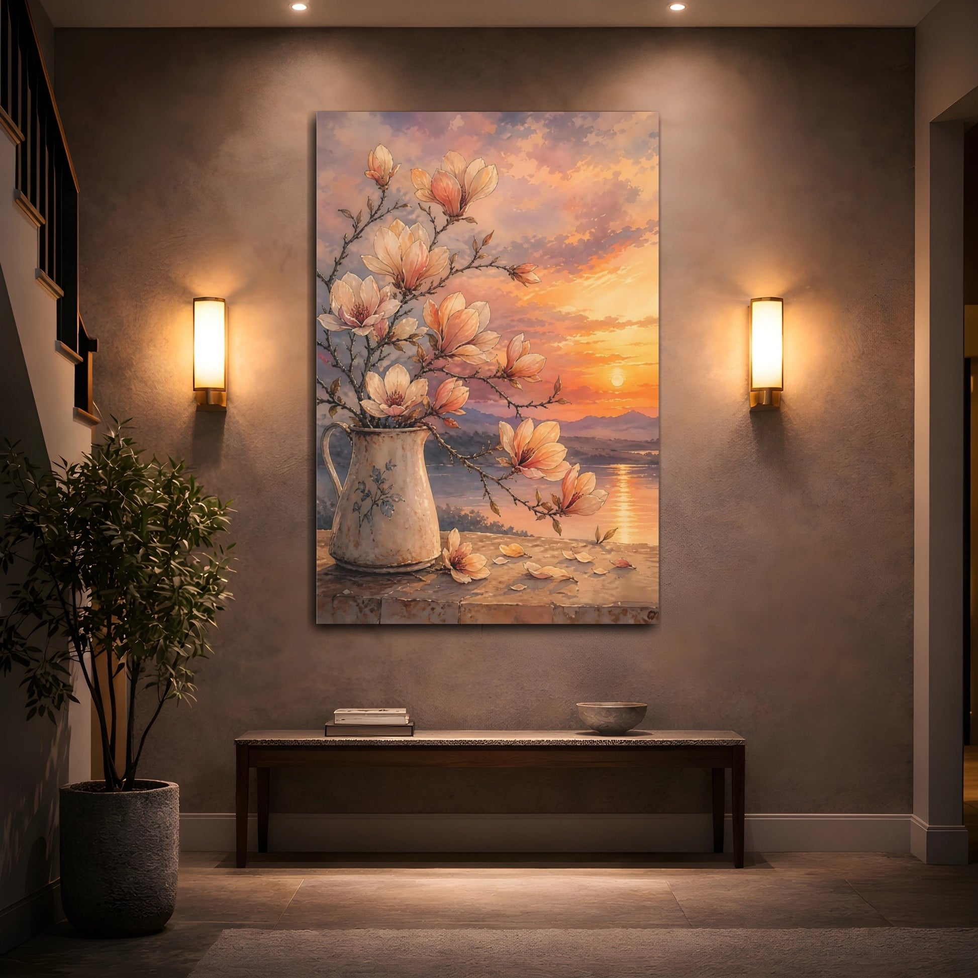 Mockup 2. Floral Magnolia Flowers Orange Pink Magnolia shown as stretched canvas wall art