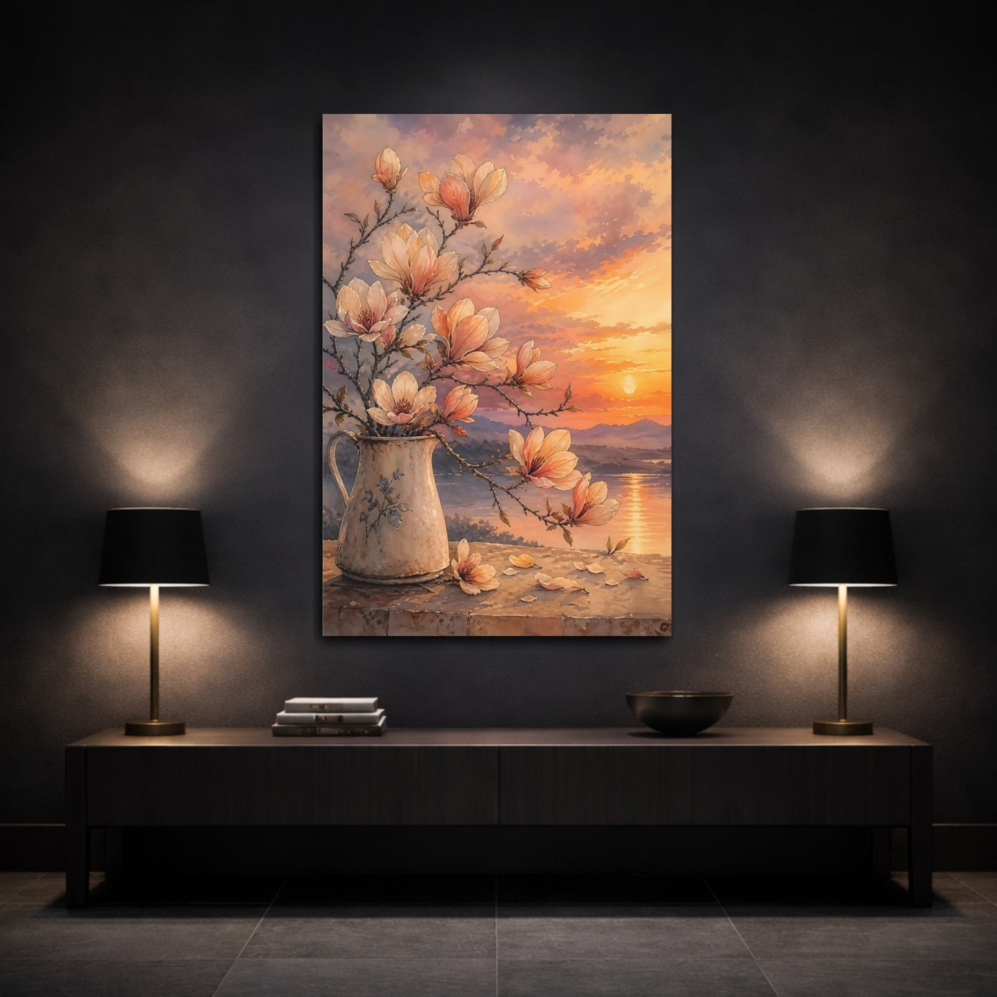 Mockup 3. Floral Magnolia Flowers Orange Pink Magnolia shown as stretched canvas wall art