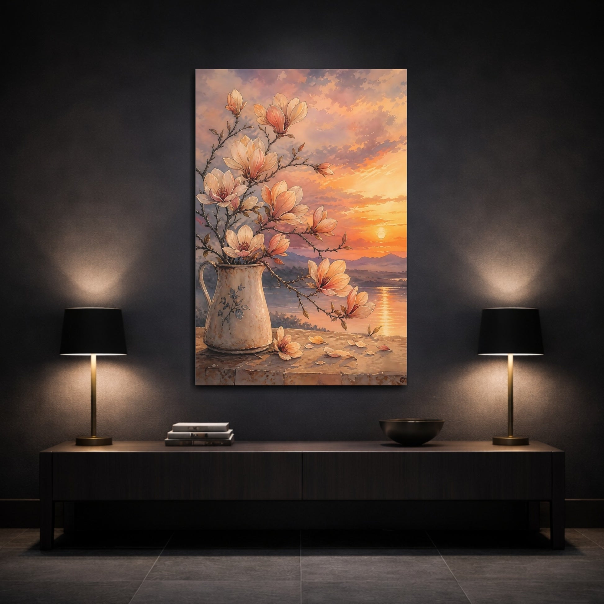 Mockup 3. Floral Magnolia Flowers Orange Pink Magnolia shown as stretched canvas wall art
