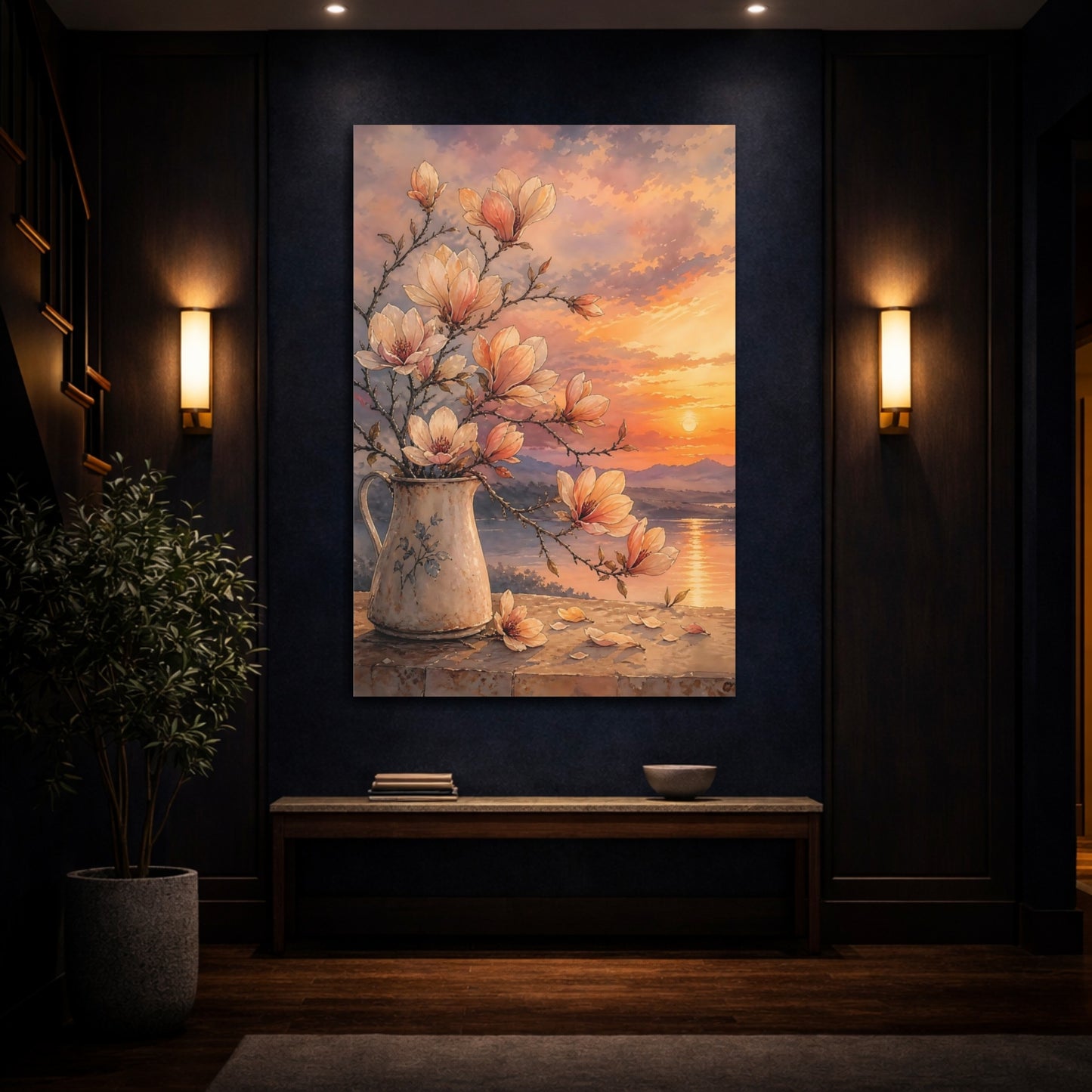 Mockup 4. Floral Magnolia Flowers Orange Pink Magnolia shown as stretched canvas wall art