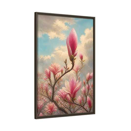 Main Mockup. Floral Magnolia Flowers Pink And Blue Floral shown as stretched canvas wall art