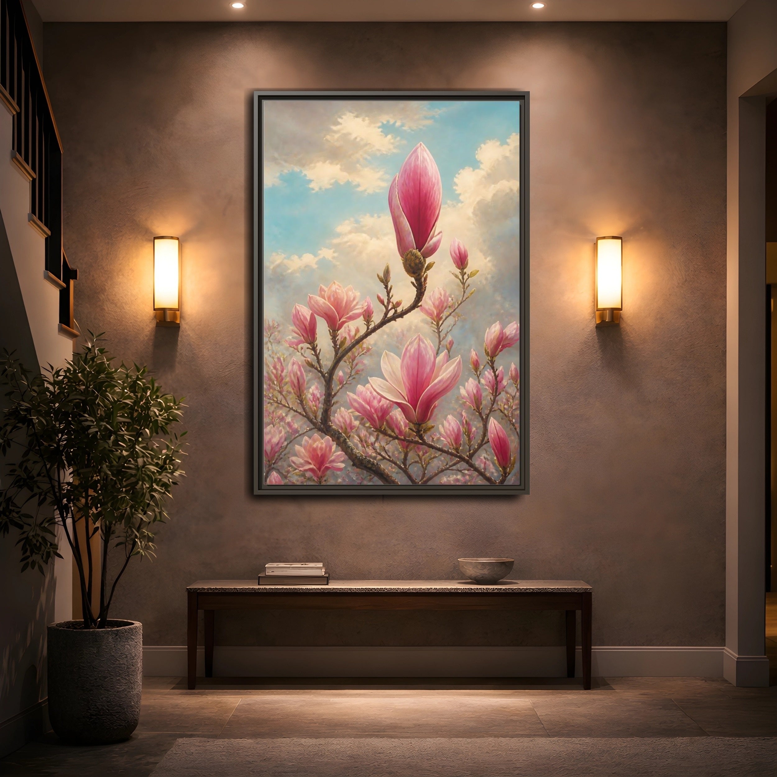 Mockup 2. Floral Magnolia Flowers Pink And Blue Floral shown as stretched canvas wall art
