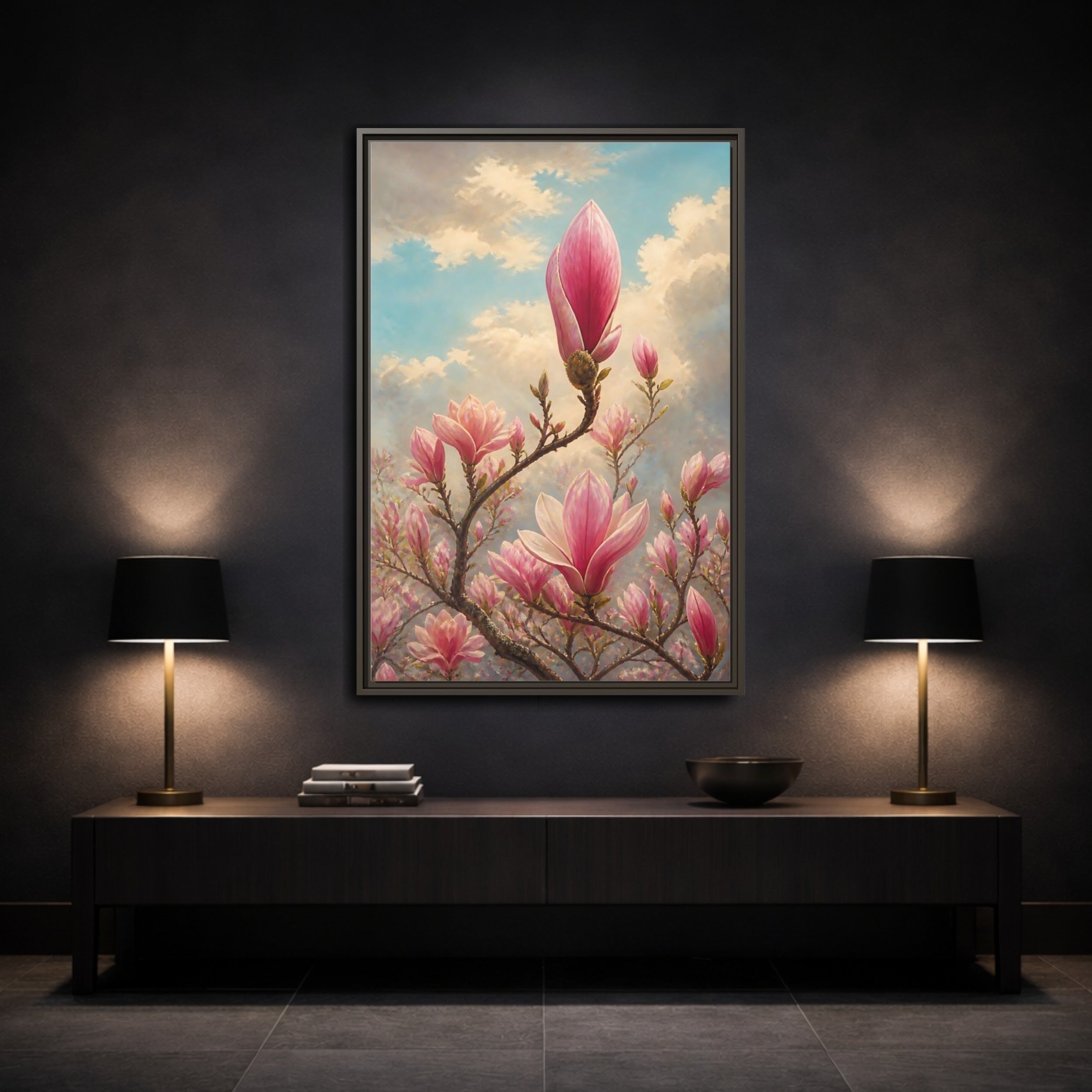 Mockup 3. Floral Magnolia Flowers Pink And Blue Floral shown as stretched canvas wall art