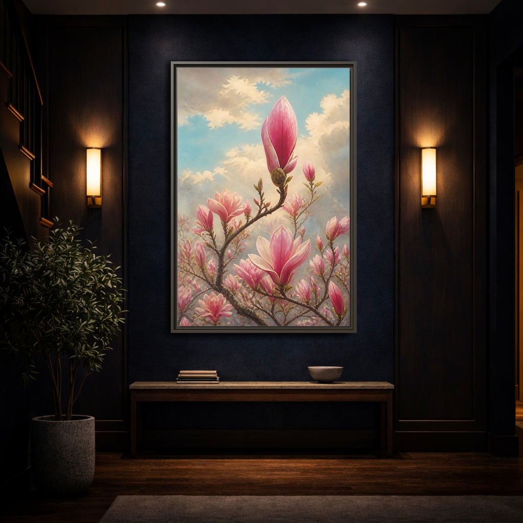 Mockup 4. Floral Magnolia Flowers Pink And Blue Floral shown as stretched canvas wall art