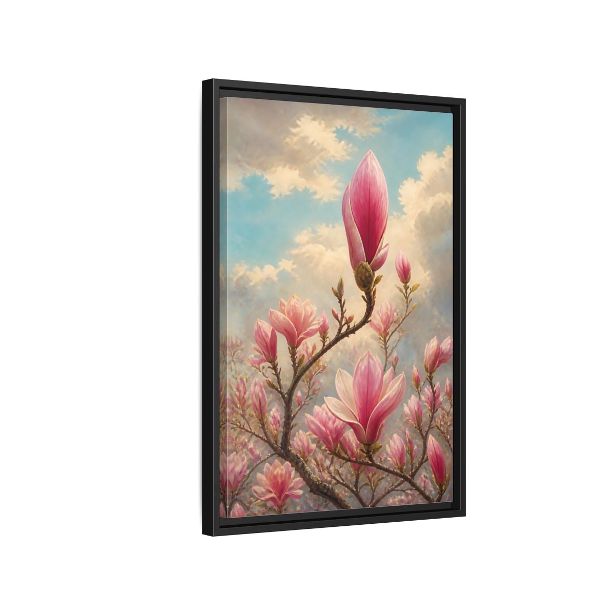 Side Mockup 3. Floral Magnolia Flowers Pink And Blue Floral shown as stretched canvas wall art