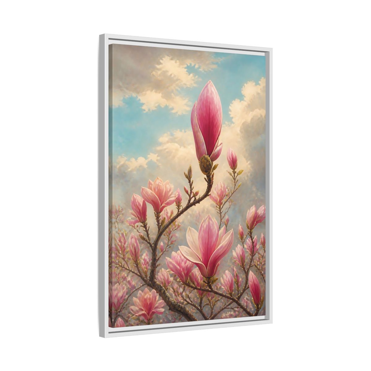 Side Mockup 10. Floral Magnolia Flowers Pink And Blue Floral shown as stretched canvas wall art