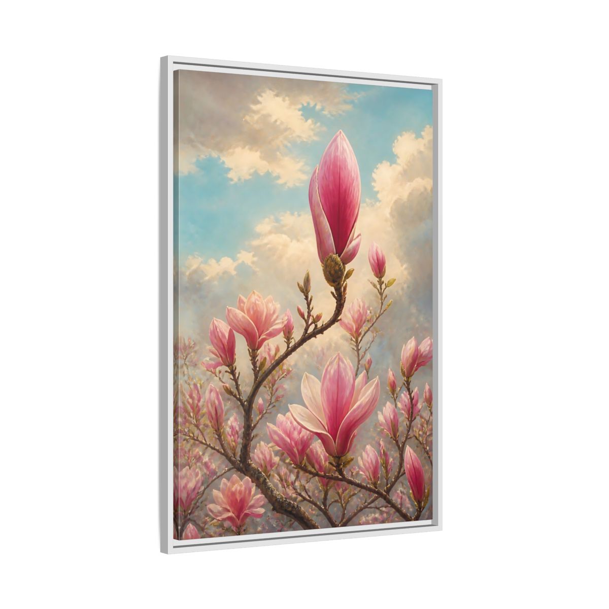 Side Mockup 9. Floral Magnolia Flowers Pink And Blue Floral shown as stretched canvas wall art