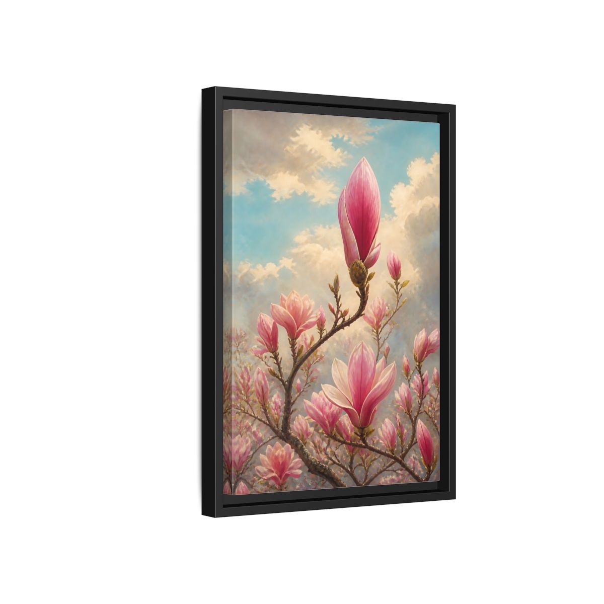 Side Mockup 6. Floral Magnolia Flowers Pink And Blue Floral shown as stretched canvas wall art