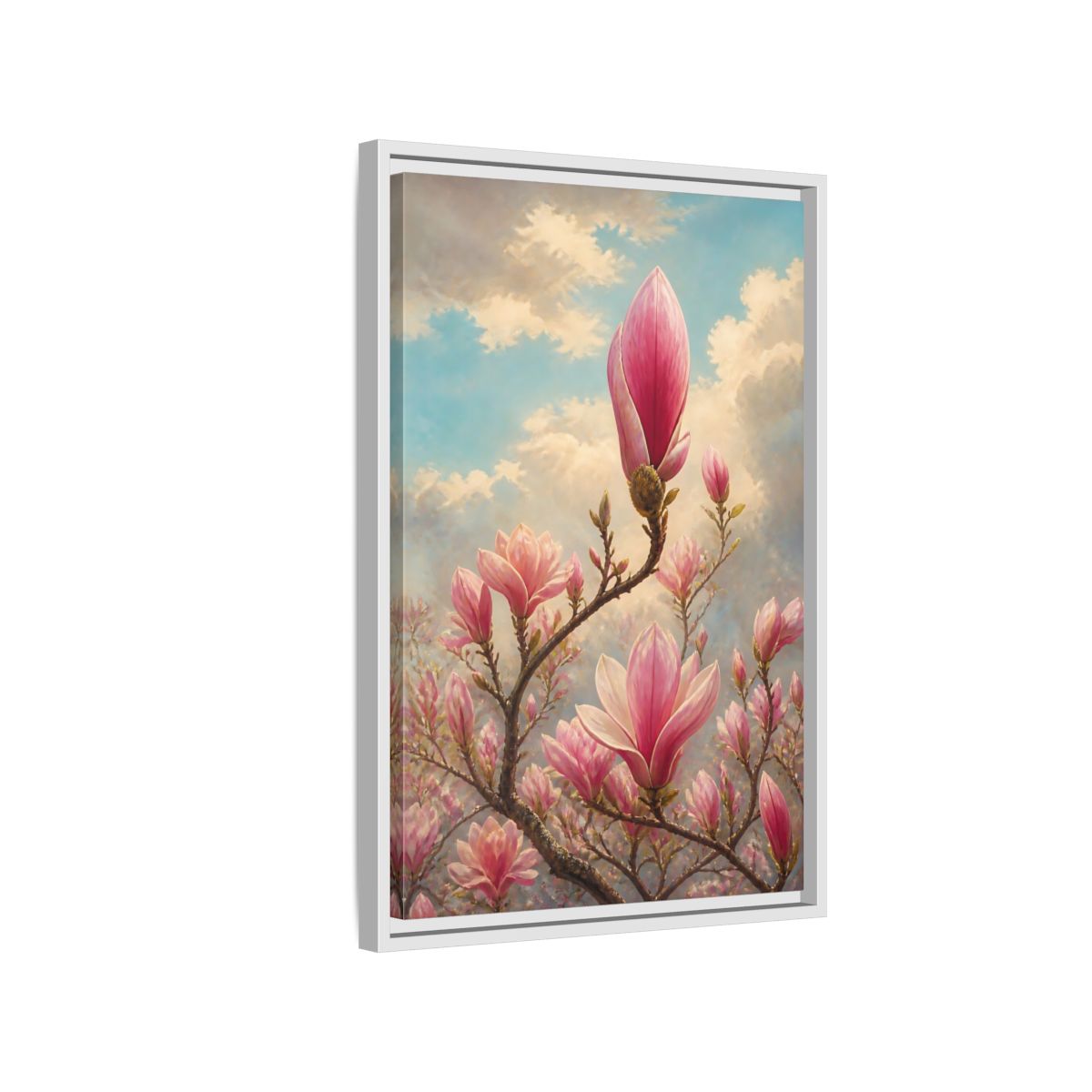 Side Mockup 1. Floral Magnolia Flowers Pink And Blue Floral shown as stretched canvas wall art