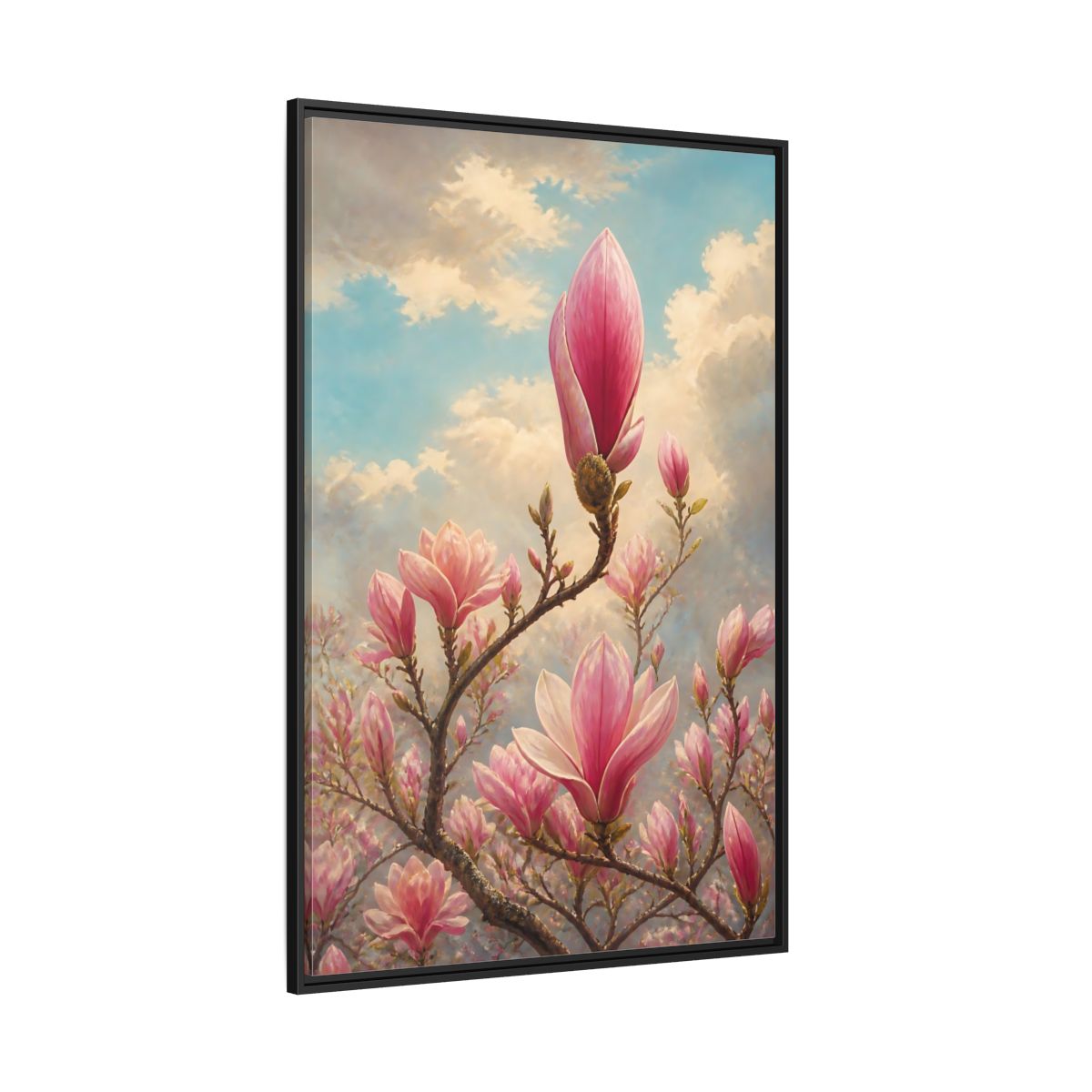 Side Mockup 12. Floral Magnolia Flowers Pink And Blue Floral shown as stretched canvas wall art