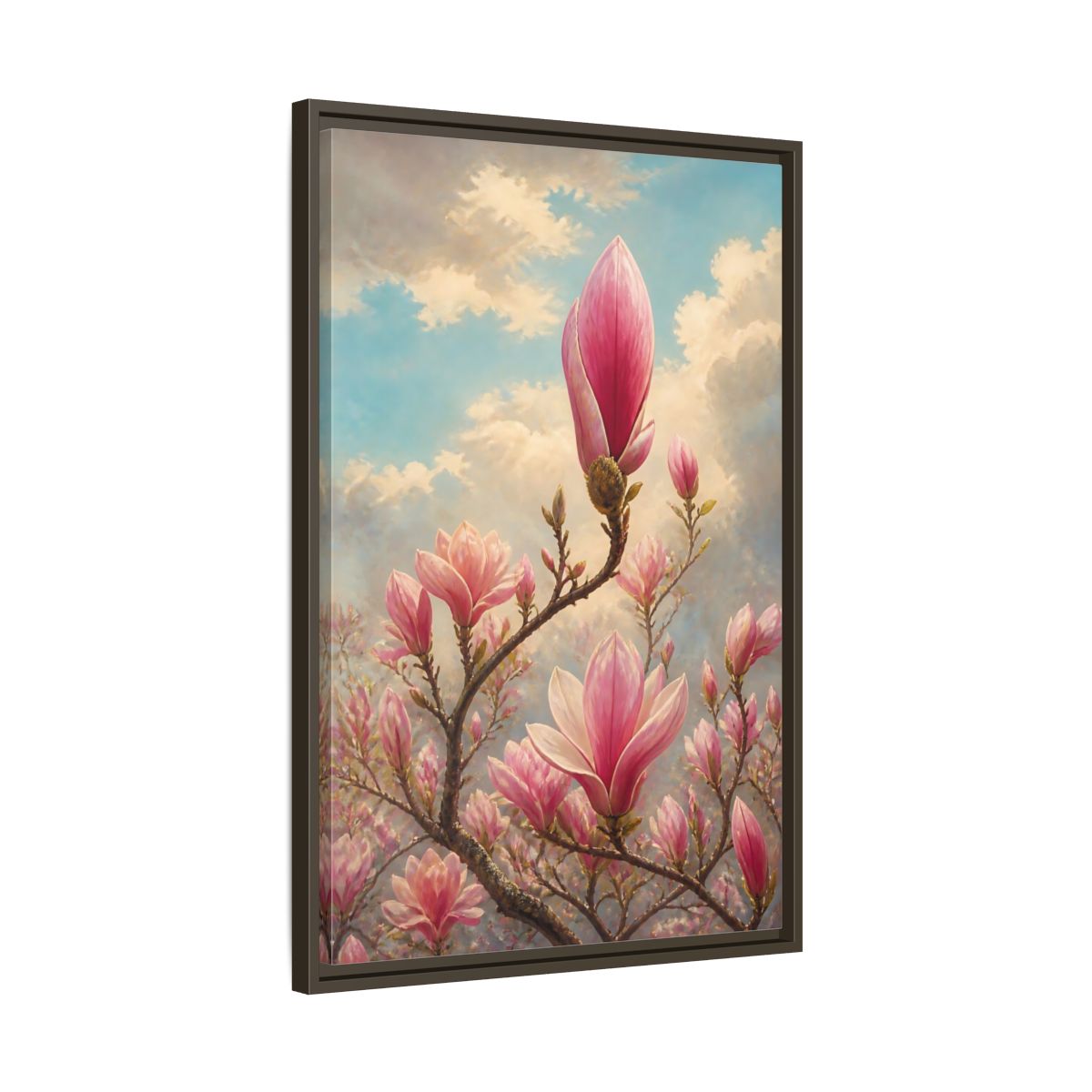 Side Mockup 11. Floral Magnolia Flowers Pink And Blue Floral shown as stretched canvas wall art