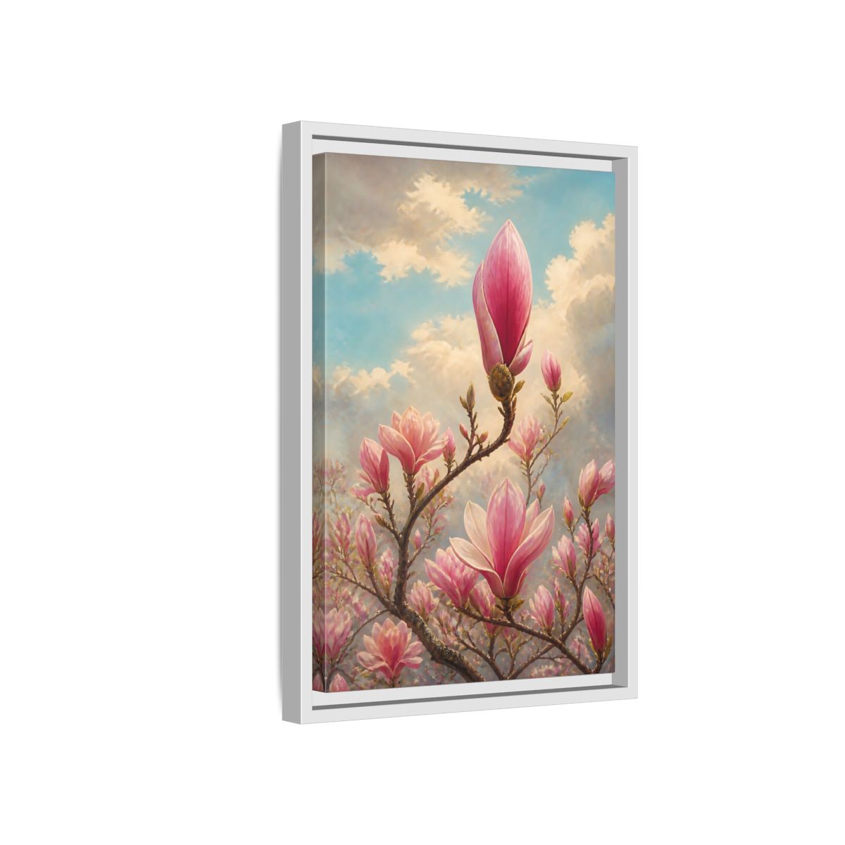 Side Mockup 4. Floral Magnolia Flowers Pink And Blue Floral shown as stretched canvas wall art