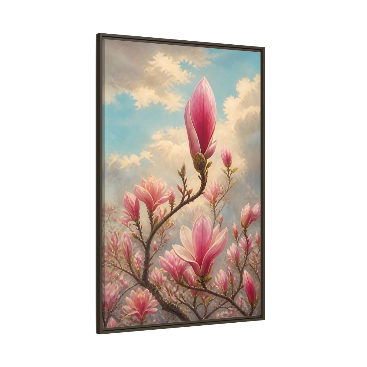 Side Mockup 8. Floral Magnolia Flowers Pink And Blue Floral shown as stretched canvas wall art