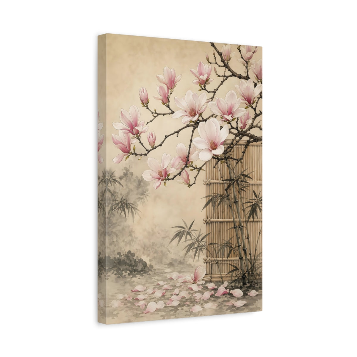 Side Mockup 4. Floral Magnolia Flowers Pink Magnolia shown as stretched canvas wall art