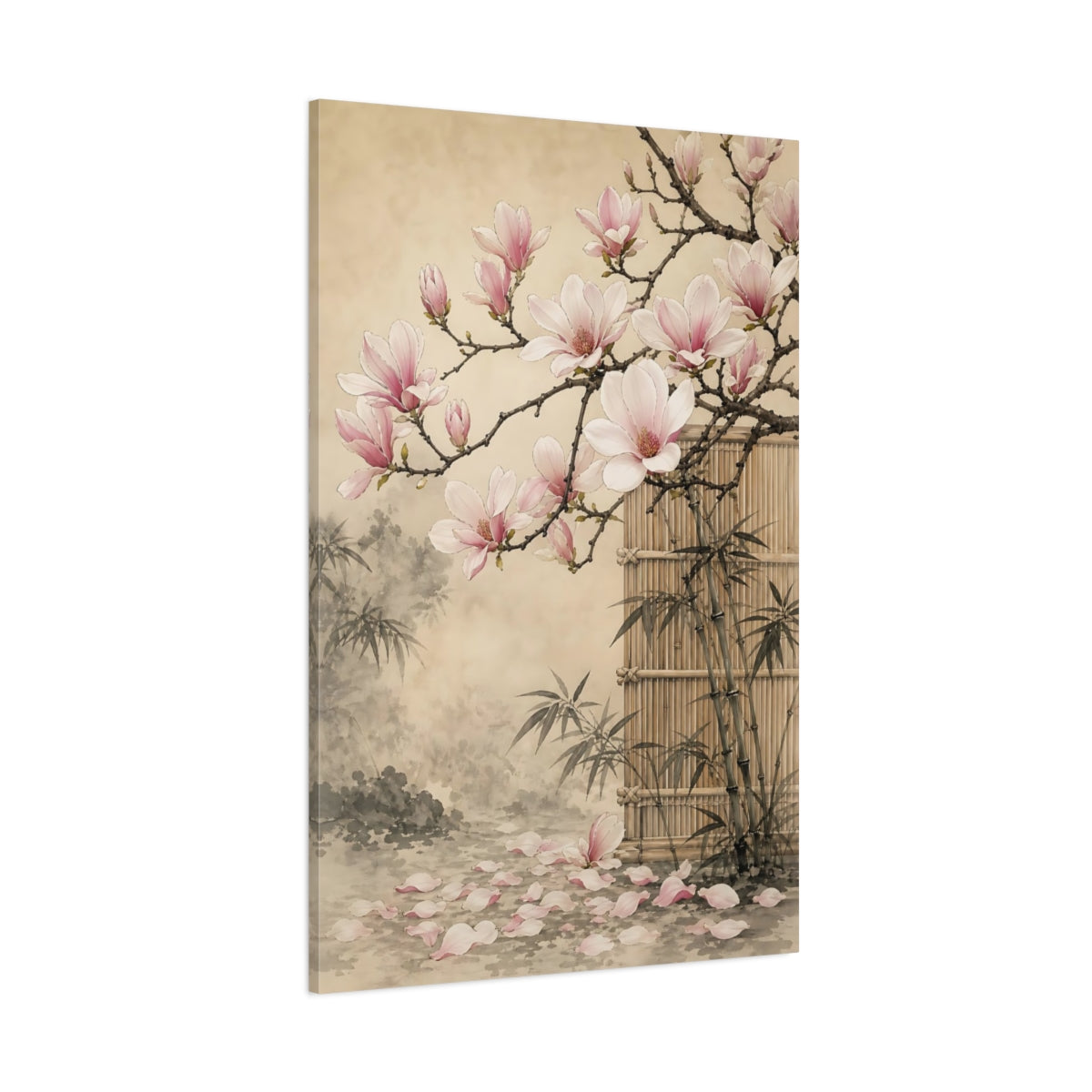 Side Mockup 1. Floral Magnolia Flowers Pink Magnolia shown as stretched canvas wall art