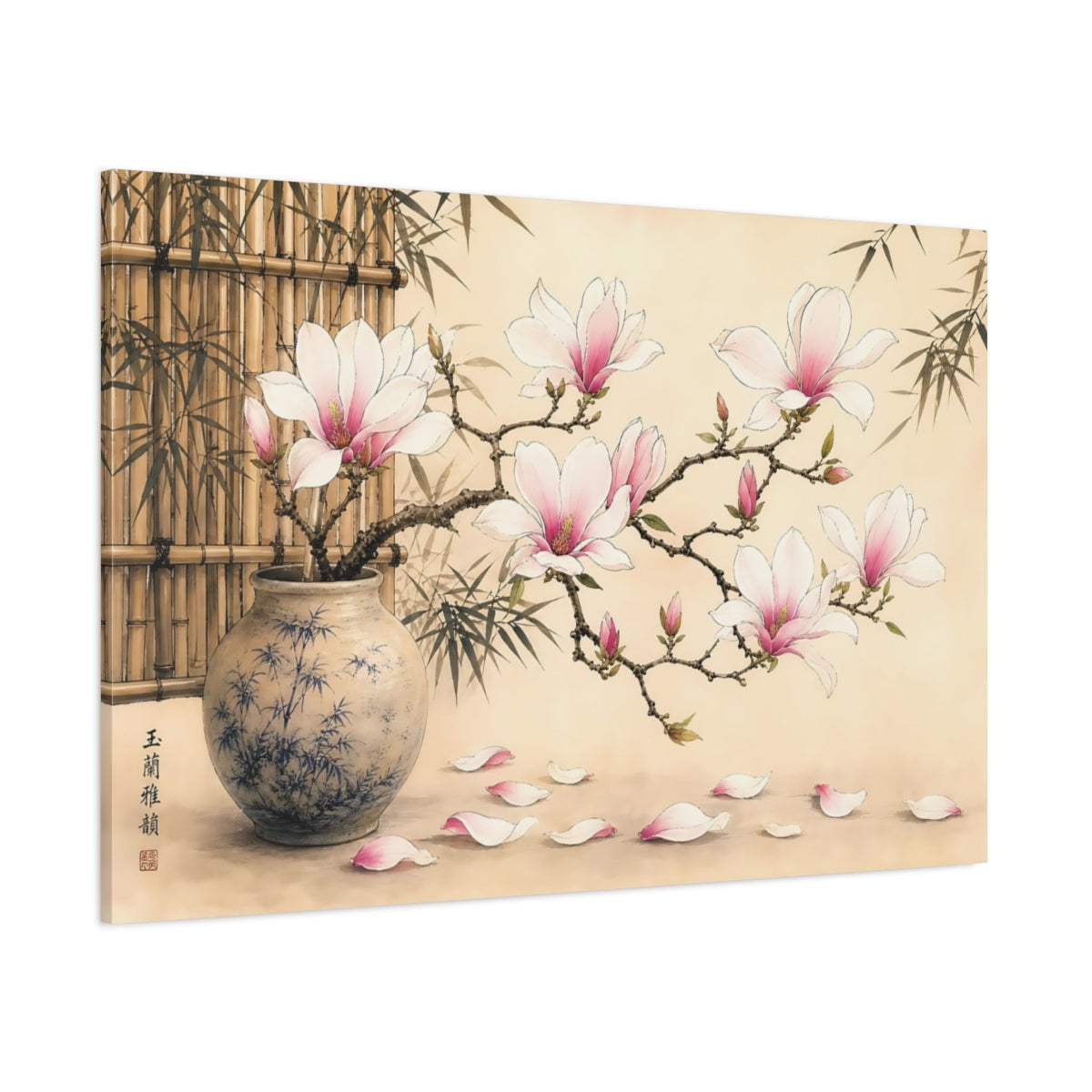 Side Mockup 1. Floral Magnolia Flowers Pink Magnolia shown as stretched canvas wall art