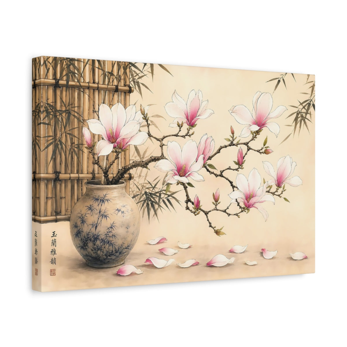 Side Mockup 4. Floral Magnolia Flowers Pink Magnolia shown as stretched canvas wall art