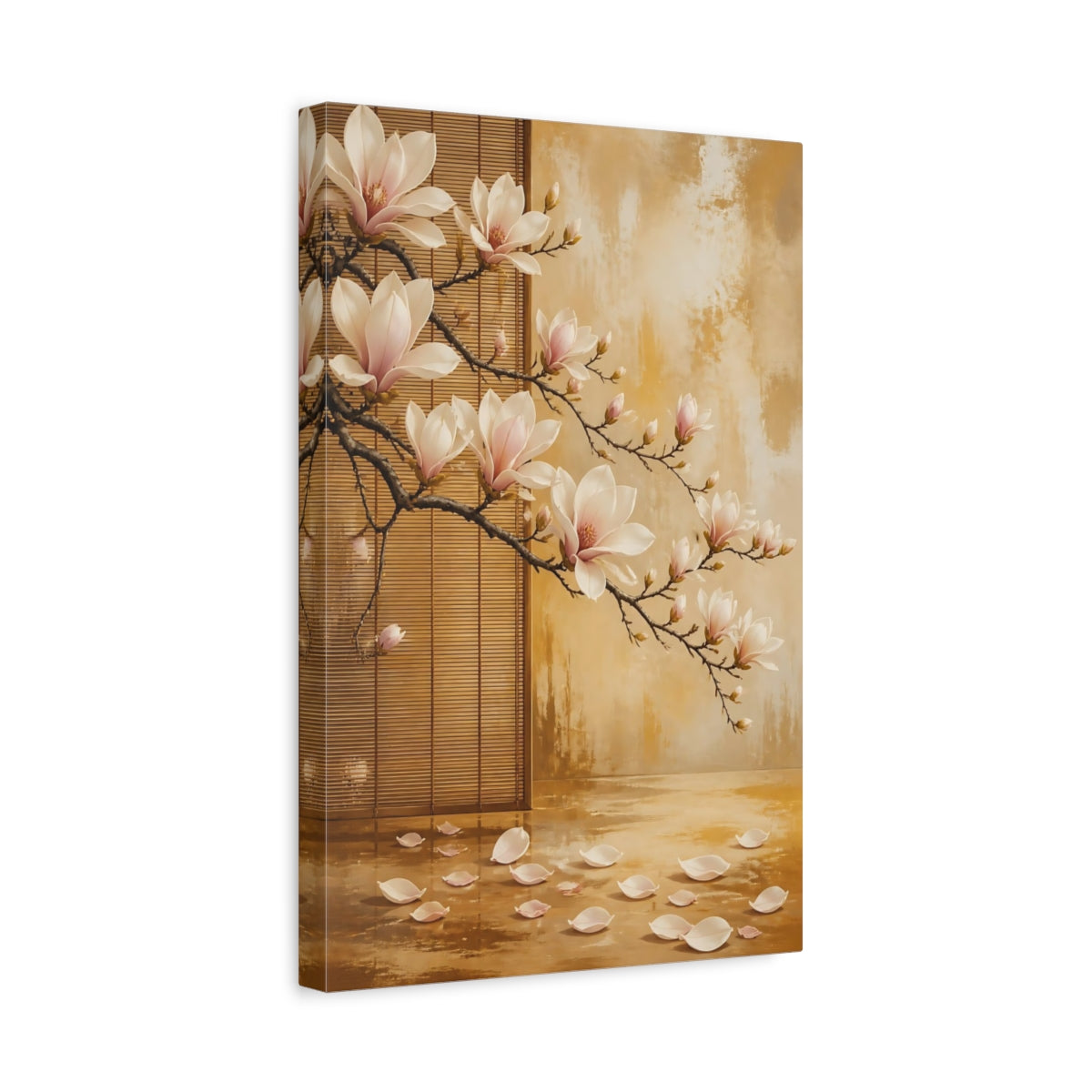 Side Mockup 4. Floral Magnolia Flowers Pink Magnolia Gold shown as stretched canvas wall art